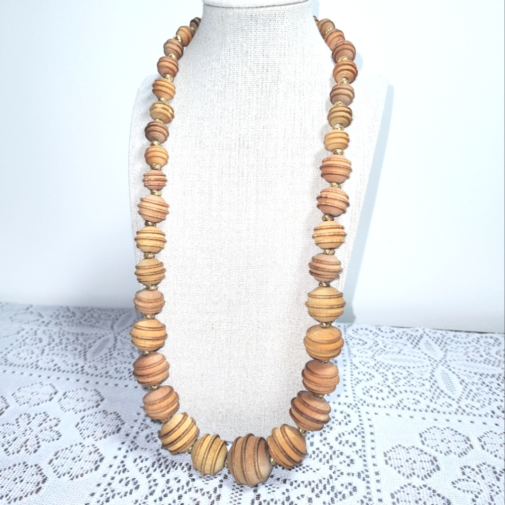 Vintage wooden bead necklace, wood beads with gold spacers between the beads